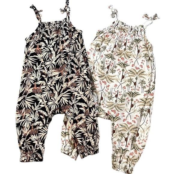 Old Navy Girls Sleeveless Tie-Knot Jumpsuits Tigers & Pretty Palms 6-12 Months - Picture 1 of 16